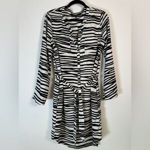 Nine West Black White Zebra Print Mini Shirt Dress Button Front Long Sleeve